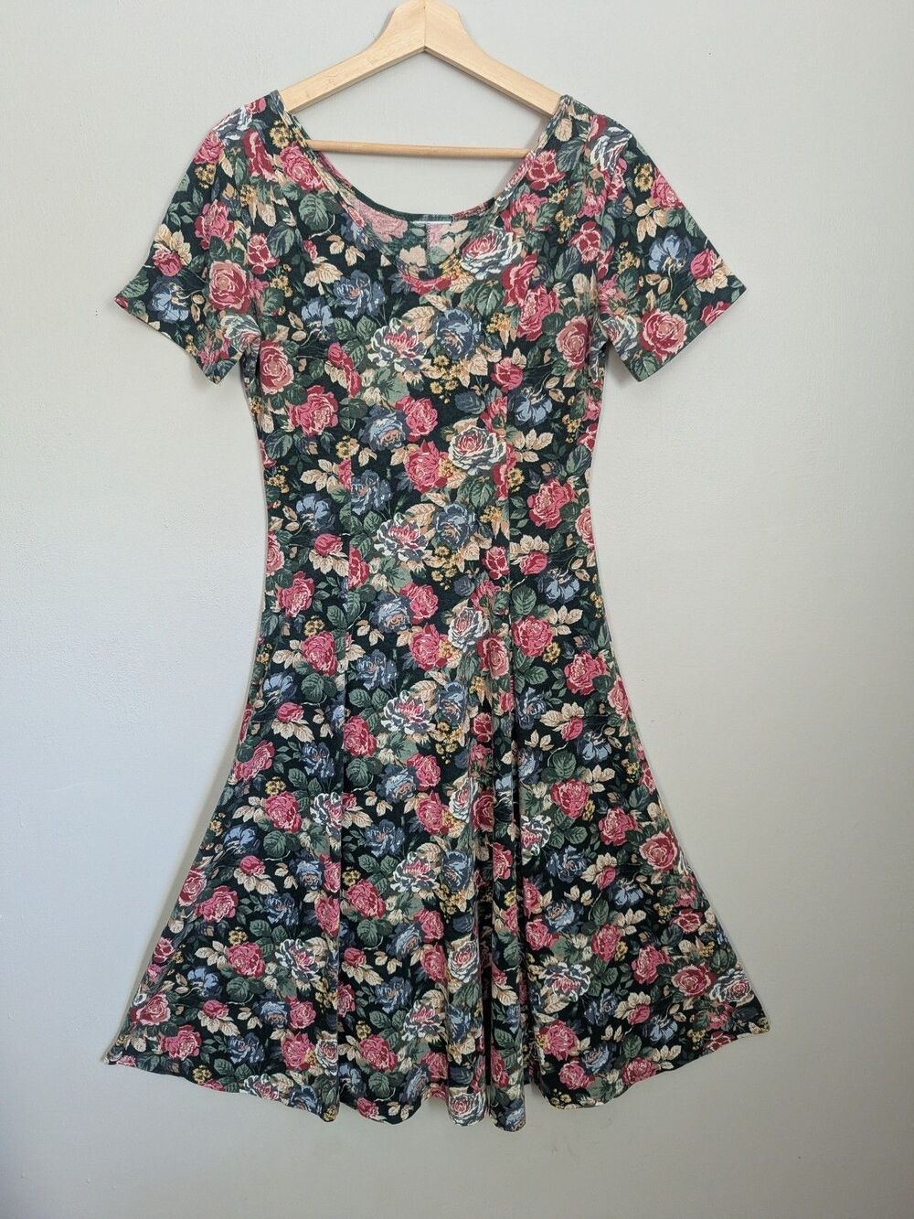 Vintage Cottage Garden Black Floral Midi Dress 90s Knit Fairy Grunge Cotton S M
